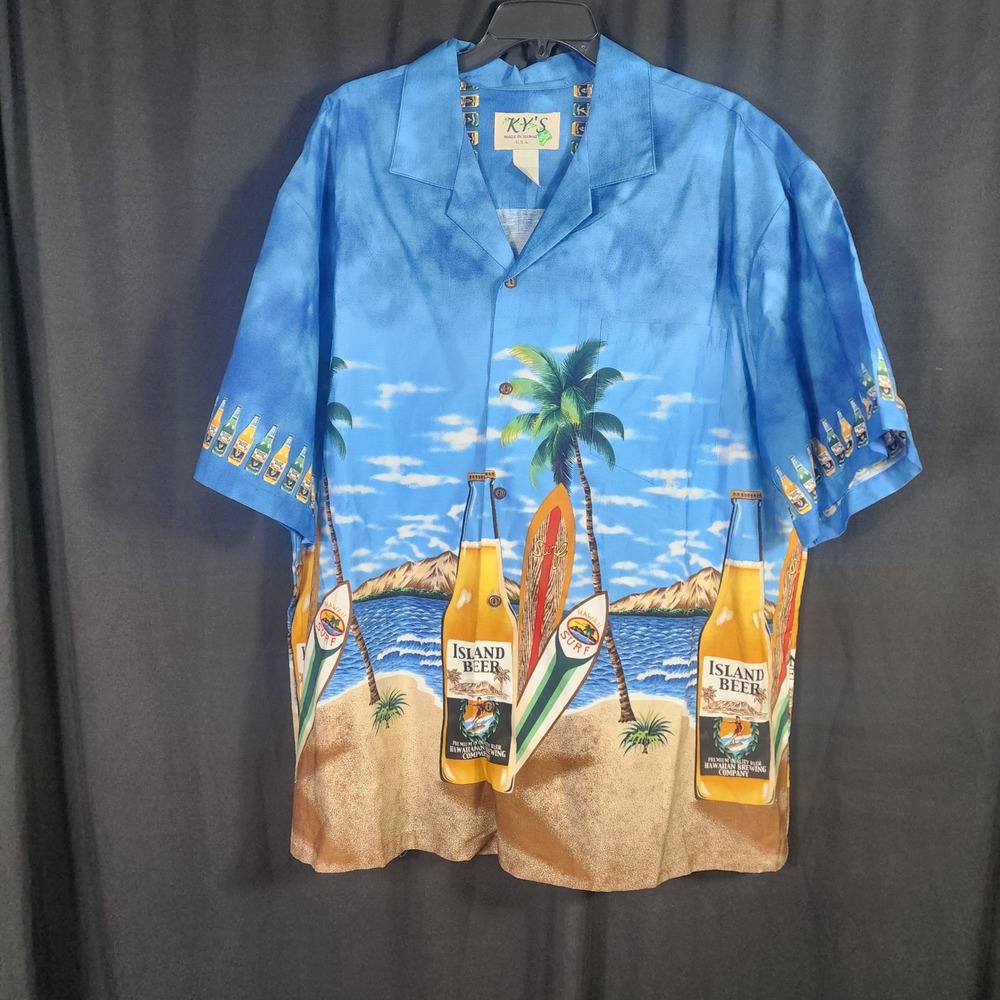 KY'S Mens 2XL Hawaiian Shirt Blue Island Beer Surfboard Made in Hawaii Cotton‎